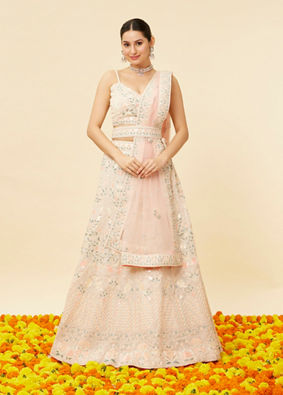 Cream Pink Floral Embroidered Lehanga image number 0